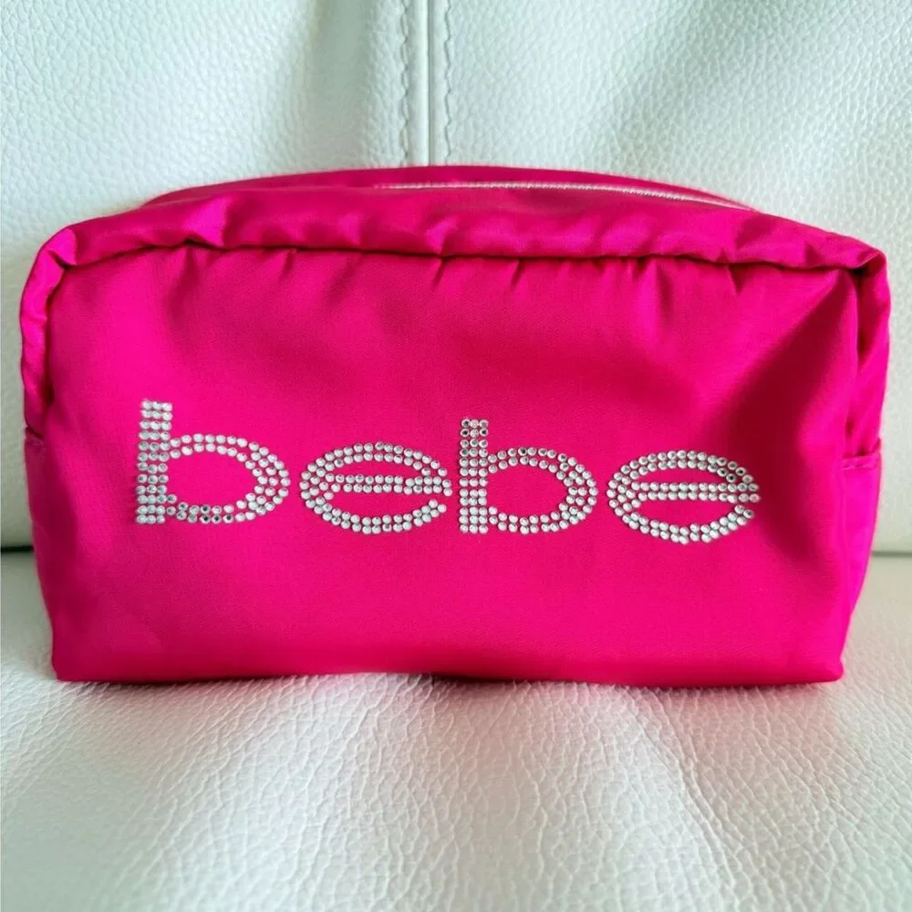 Bebe Pink Rhinestone Logo Cosmetic Makeup Bag Y2K Zip Pouch